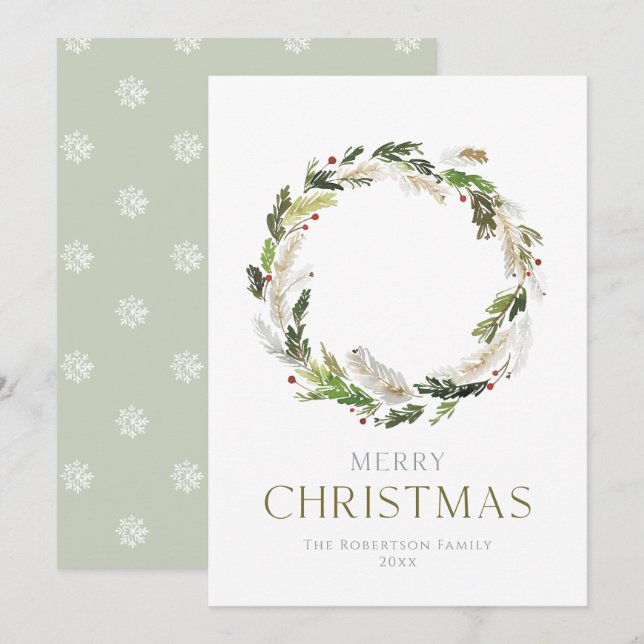 Tarjeta de Navidades minimalistas con Wreath verde (Anverso / Reverso)