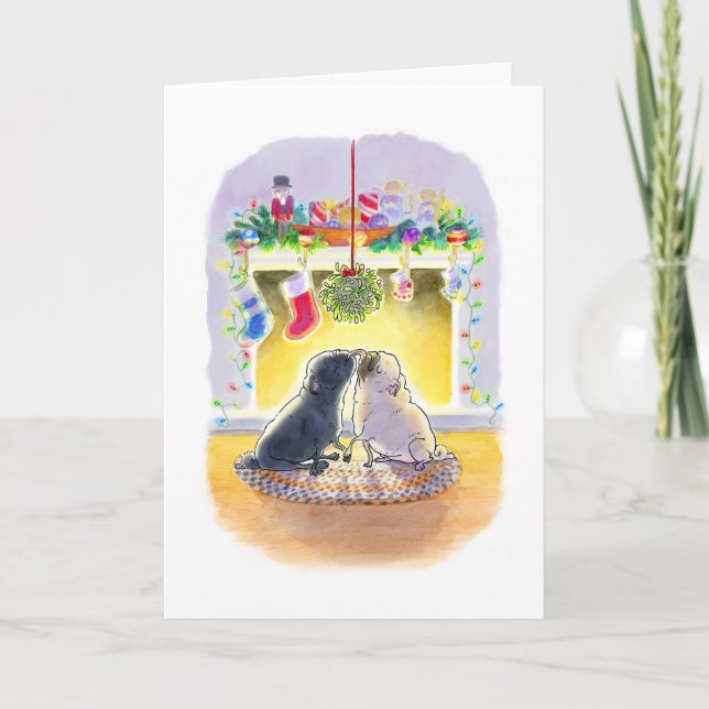 Tarjeta de Navidades Mistletoe Pugs (Anverso)