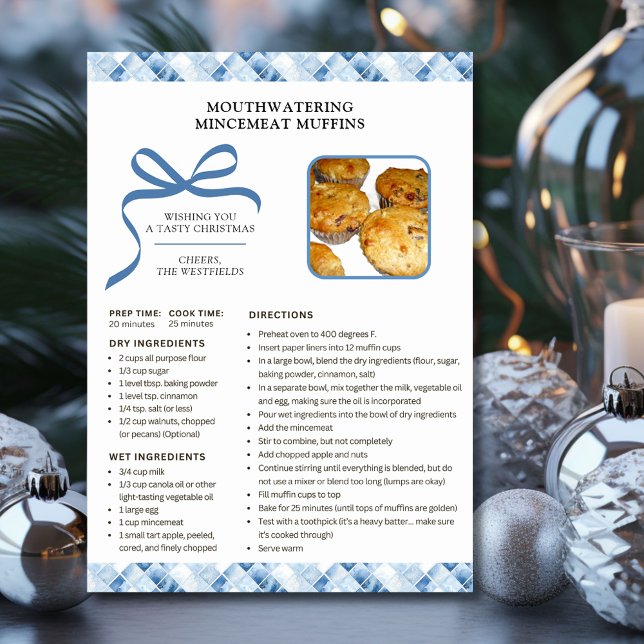 Tarjeta de Navidades Muffins de recetas navideñas  (Dusty Blue Check Holiday Recipe Mincemeat Muffins Christmas Card)