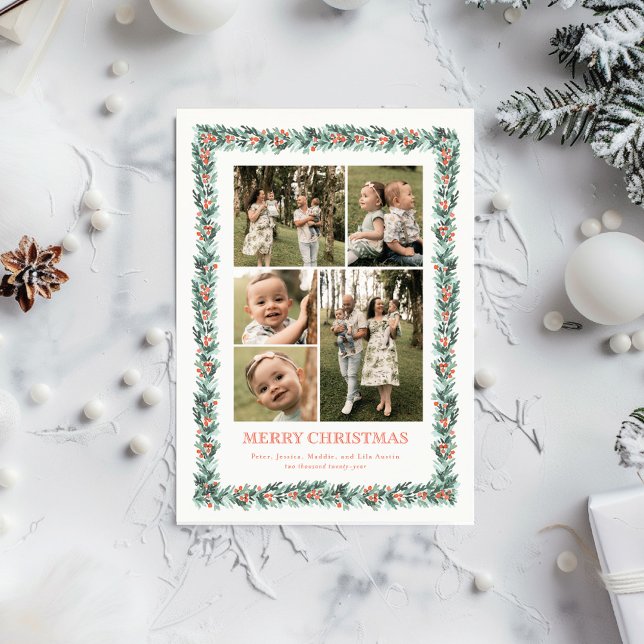 Tarjeta de Navidades multifotográficos de borde de (A multiphoto holiday card featuring a hand painted border of pine boughs and winter greenery)