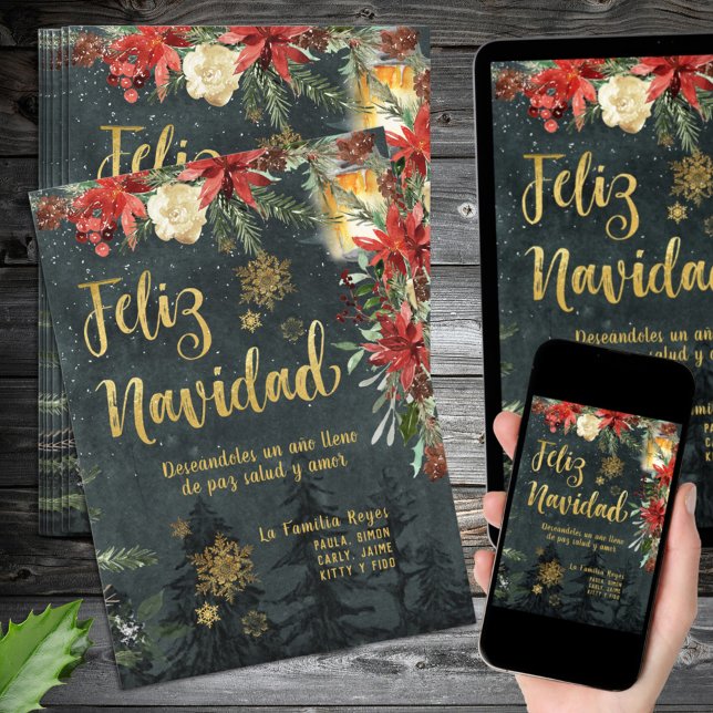 Tarjeta de Navidades navideñas navideñas navideñas (Gold Woodland Spanish Feliz Navidad Christmas Card. Edit the text to make this an invitation.)