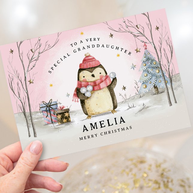 Tarjeta de Navidades nietas, tarjeta de vacaciones (Pink Personalised Christmas Card for any family member)