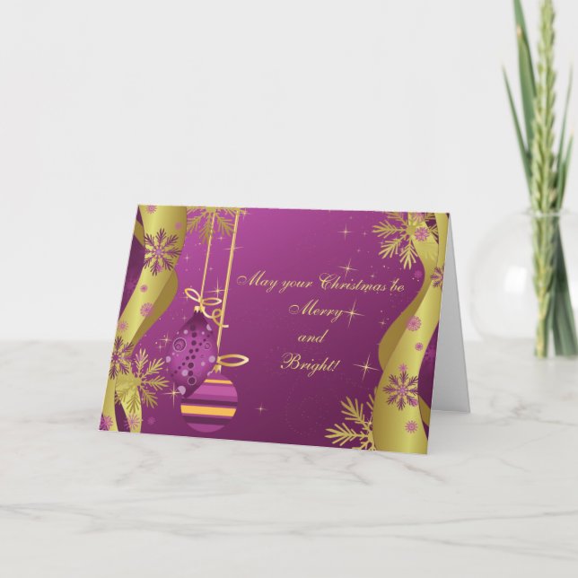 Tarjeta de Navidades Ornamentos de Oro Púrpura (Anverso)