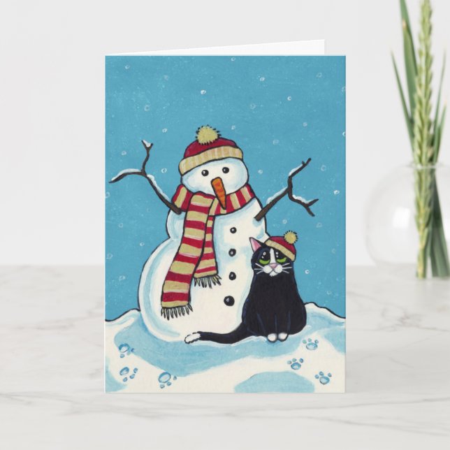 Tarjeta de Navidades para gato negro y muñeco de n (Anverso)