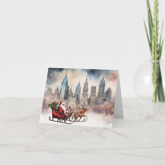 Tarjeta de Navidades Philly con Santa y reno (Anverso)