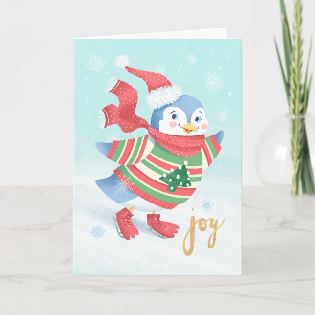 Tarjeta de Navidades Pingüinos de Patinaje sobre H (Anverso)