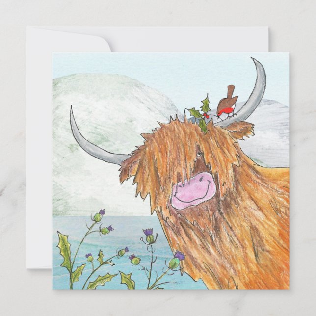 Tarjeta de Navidades planos Highland coo y robin (Anverso)