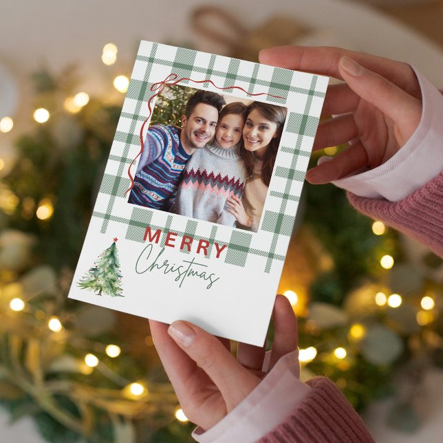 Tarjeta de Navidades plegados de foto rústica verd (Green Plaid Rustic Photo Folded Christmas Card)