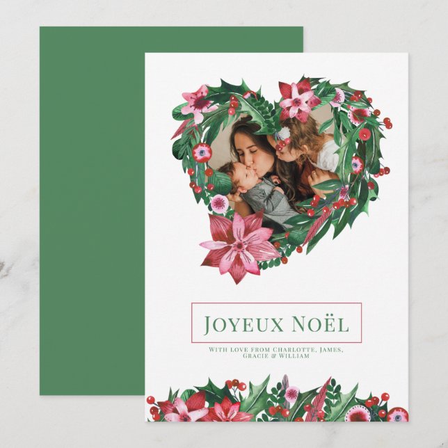 Tarjeta de Navidades Poinsettia Heart Wreath Joyeu (Anverso / Reverso)