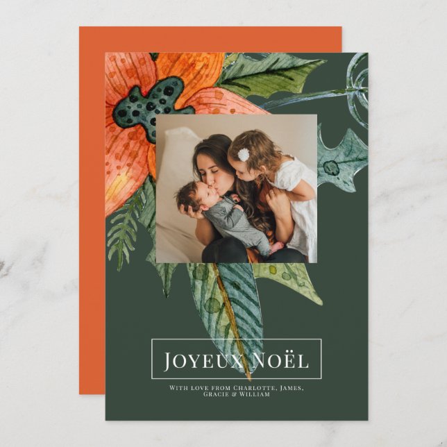 Tarjeta de Navidades Poinsettia Joyeux Noël Elegan (Anverso / Reverso)