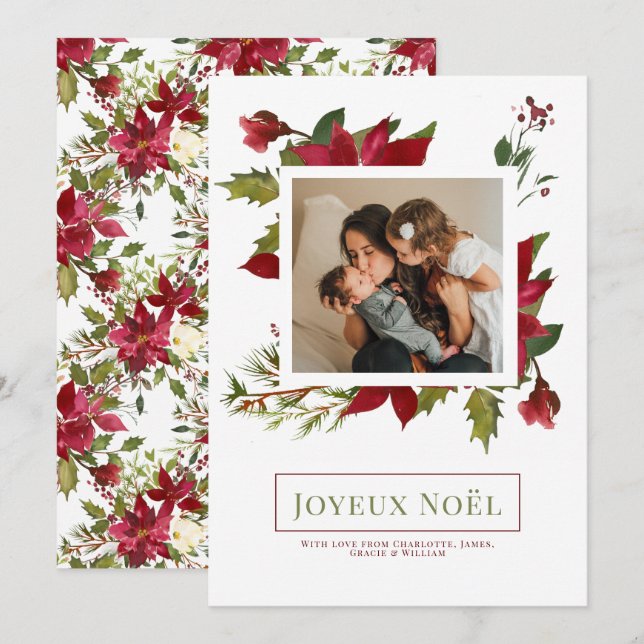 Tarjeta de Navidades Poinsettia Joyeux Noël Elegan (Anverso / Reverso)