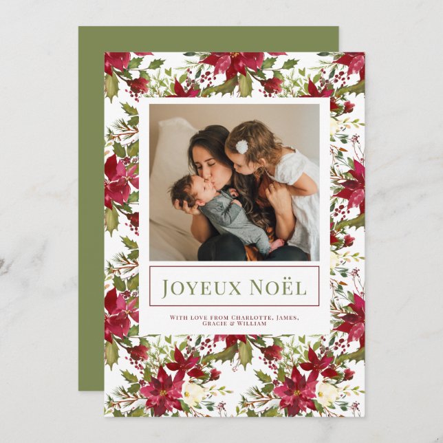 Tarjeta de Navidades Poinsettia Joyeux Noël Elegan (Anverso / Reverso)