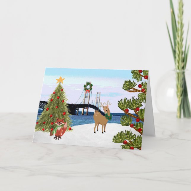 Tarjeta de Navidades puente Mackinac con Fox (Anverso)