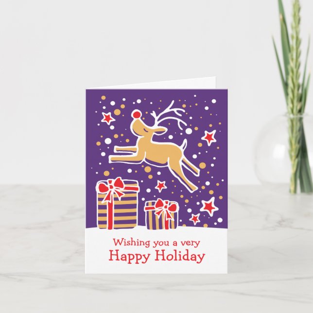 Tarjeta de Navidades púrpura de regalos de prado d (Anverso)