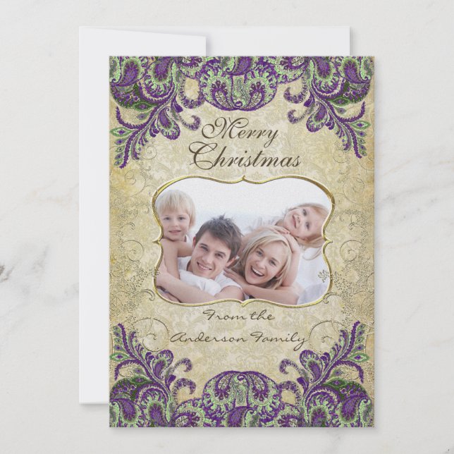 Tarjeta de Navidades Púrpura y Verde Peacock para  (Anverso)