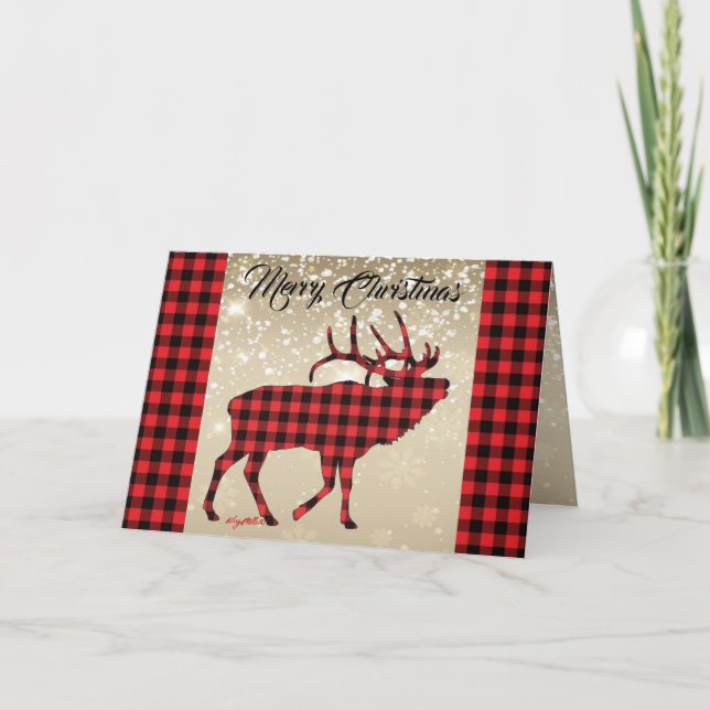 Tarjeta de Navidades Red & Black Plaid Bull Elk (Anverso)