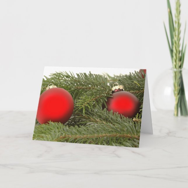 Tarjeta de Navidades Red Oranaments en Pine Bough (Anverso)