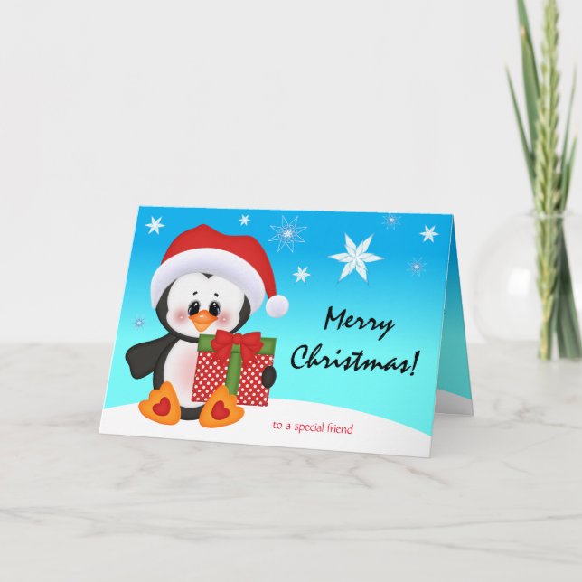 Tarjeta de navidades regalo gracioso pingüino (Anverso)