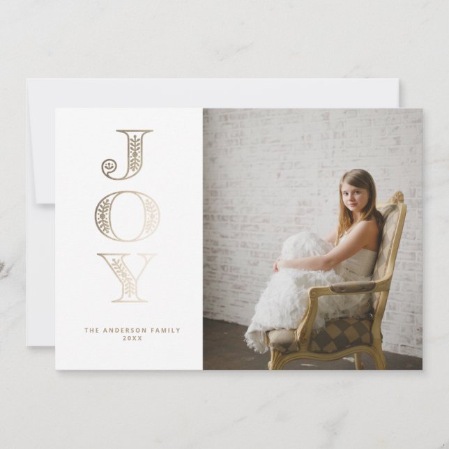 Tarjeta de Navidades Relieve metalizado dorado JOY (Anverso)