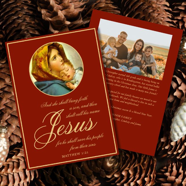 Tarjeta de Navidades religiosos contra la biblia c (Religious Christmas card with Madonna and Child and Bible verse for Catholics and Christians)