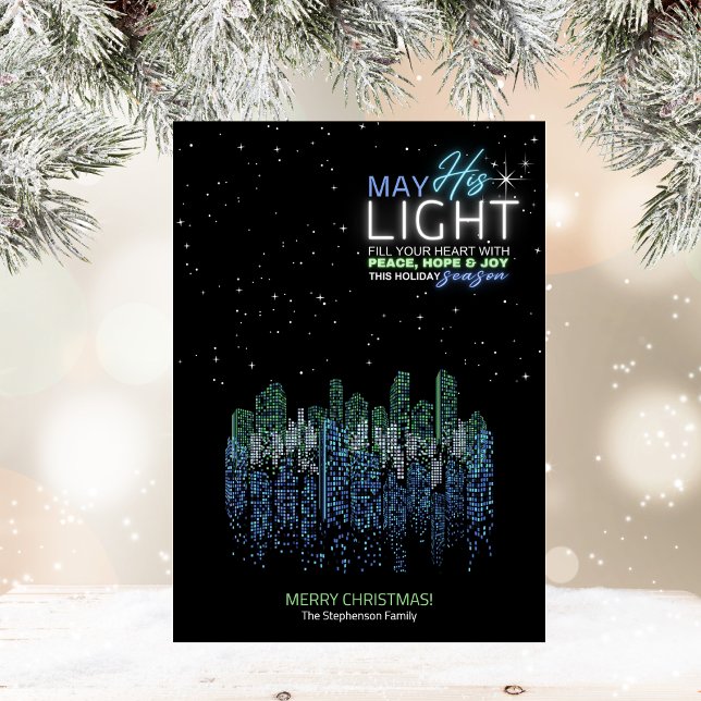 Tarjeta de Navidades religiosos en el paisaje urba (Capture the contemporary spirit along with a beautiful religious message through this Christmas card)