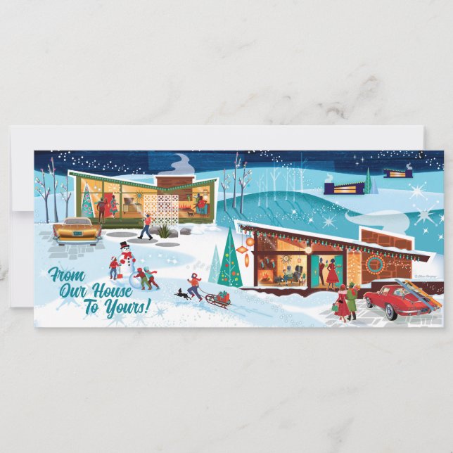 Tarjeta de Navidades Retro de Casas de Invierno de (Anverso)