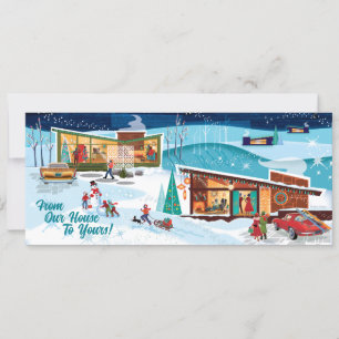Tarjeta de Navidades Retro de Casas de Invierno de