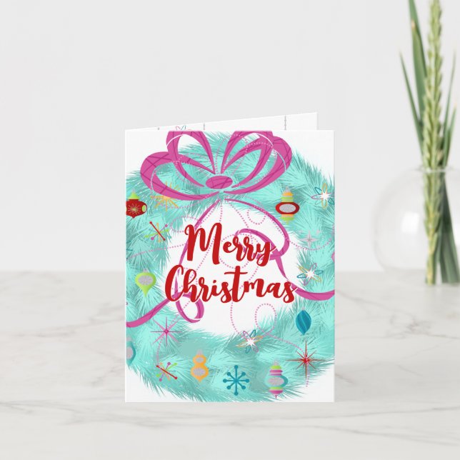 Tarjeta de Navidades retro de la corona verde azul (Anverso)