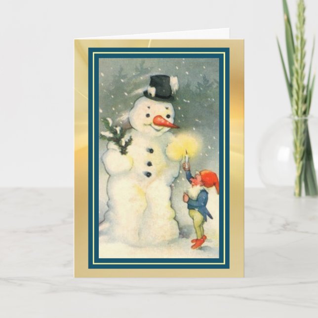 Tarjeta de Navidades Retro Elf y Snowman (Anverso)