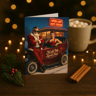Tarjeta de Navidades Retro Hot Rod Santa y Mrs Cla