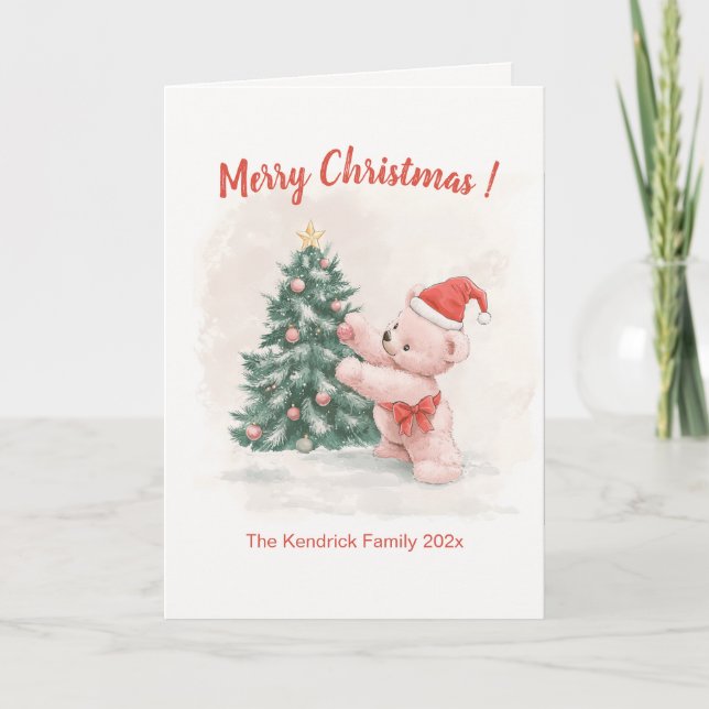 Tarjeta de Navidades Retro Pink Teddy Bear (Anverso)