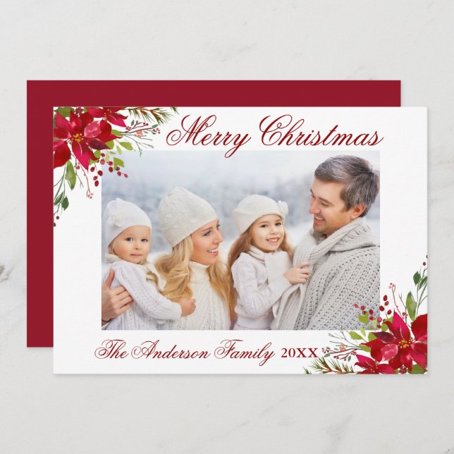 Tarjeta de Navidades rojos de fotografía floral de (Anverso / Reverso)