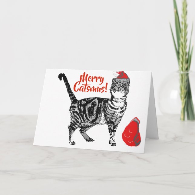 Tarjeta de Navidades rojos Tabby Cat Merry Catsmus (Anverso)