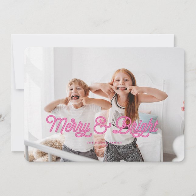 Tarjeta de Navidades Rosa Neon Merry y Bright (Anverso)