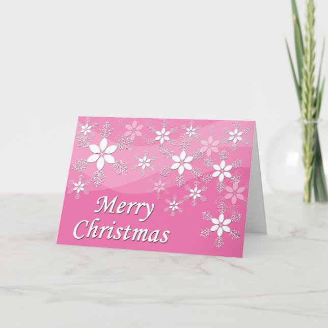 Tarjeta de Navidades rosados con copos de nieve (Anverso)