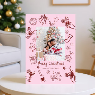 Tarjeta de Navidades rosados rojos con dibujos ani