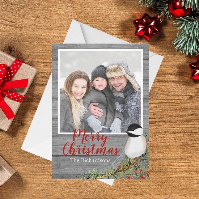 Tarjeta de Navidades Rustic Family Photo Chickadee (Subido por el creador)