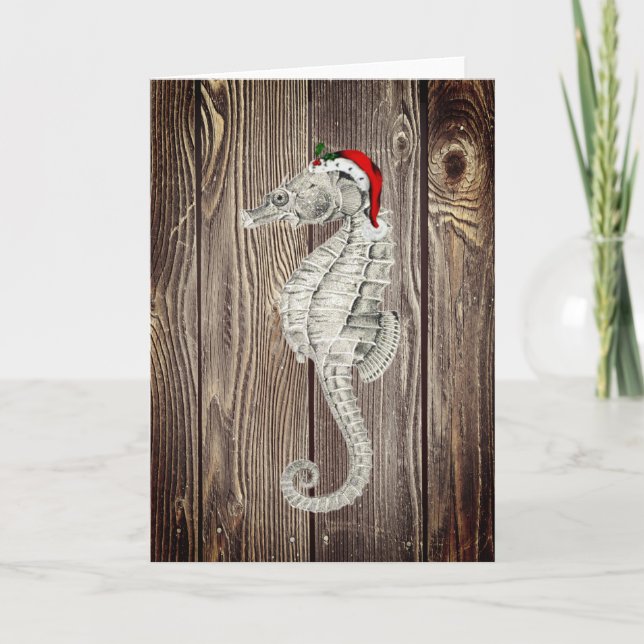 Tarjeta de Navidades Rustic Wood de Santa Seahorse (Anverso)
