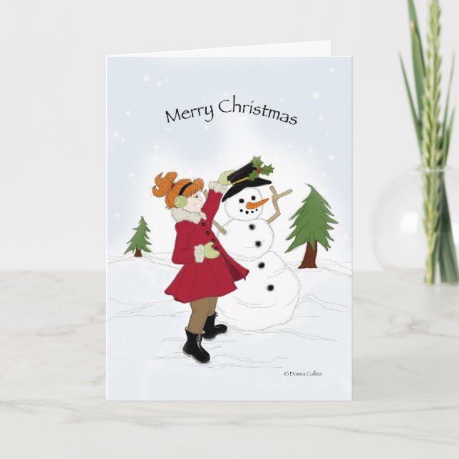 Tarjeta de Navidades Snowman y Little Girl (Anverso)