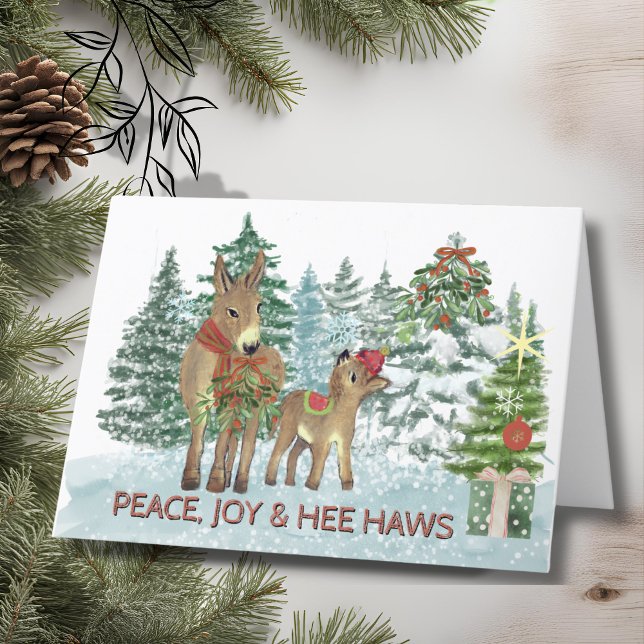 Tarjeta de Navidades Snowowley de mamá y bebé de b (Mama and Baby Donkey Snowy Christmas Card)