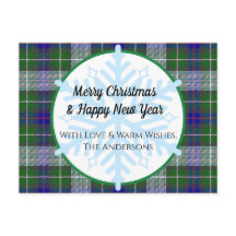 Tarjeta de Navidades Tartán Plaid y Snowflakes