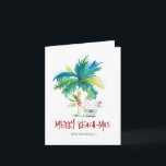 Tarjeta de Navidades Tropical Beach<br><div class="desc">Estas tarjetas de Navidades de playa cuentan con una palmera exótica inspirada en la isla y un bonito Santa de vacaciones. Las palabras "Merry Beach-mas" están escritas a mano. Utilice los campos de plantilla para agregar su saludo personalizado. Una encantadora elección para enviar a amigos y familiares esta temporada de...</div>