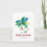 Tarjeta de Navidades Tropical Beach<br><div class="desc">Estas tarjetas de Navidades de playa cuentan con una palmera exótica inspirada en la isla y un bonito Santa de vacaciones. Las palabras "Merry Beach-mas" están escritas a mano. Utilice los campos de plantilla para agregar su saludo personalizado. Una encantadora elección para enviar a amigos y familiares esta temporada de...</div>