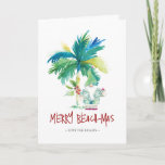 Tarjeta de Navidades Tropical Beach<br><div class="desc">Estas tarjetas de Navidades de playa cuentan con una palmera exótica inspirada en la isla y un bonito Santa de vacaciones. Las palabras "Merry Beach-mas" están escritas a mano. Utilice los campos de plantilla para agregar su saludo personalizado. Una encantadora elección para enviar a amigos y familiares esta temporada de...</div>