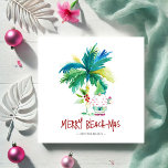 Tarjeta de Navidades tropicales<br><div class="desc">Estas tarjetas de felicitación para Navidades de playa cuentan con una palmera exótica inspirada en la isla y un bonito Santa de vacaciones. Las palabras "Merry Beach-mas" están escritas a mano. Utilice los campos de plantilla para agregar su saludo personalizado. Una encantadora elección para enviar a amigos y familiares esta...</div>