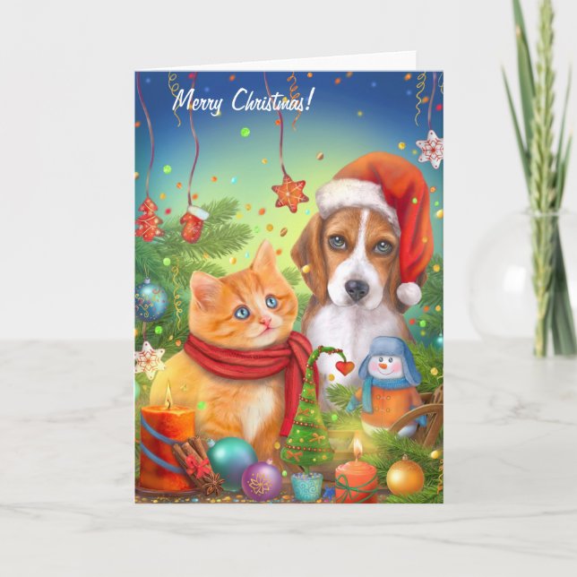 tarjeta de navidades. Un gato y un perro. Animales (Anverso)
