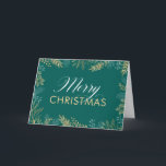 Tarjeta de Navidades Verde azulados Gold Winter Gr<br><div class="desc">Esta elegante tarjeta de Navidad es una excelente manera de enviar un saludo de vacaciones a la familia y amigos. El frente está decorado con una vegetación dorada en un fondo verde azulado oscuro. El texto elegante dice "Feliz Navidad". Agregue su propio mensaje personalizado en el interior o utilice el...</div>