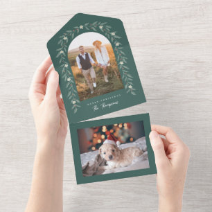 Tarjeta de Navidades verdes con arcos florales de