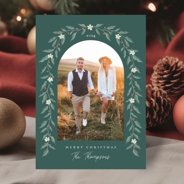Tarjeta de Navidades verdes con arcos florales de  (Floral Garland Arched Photo Green Christmas Card)