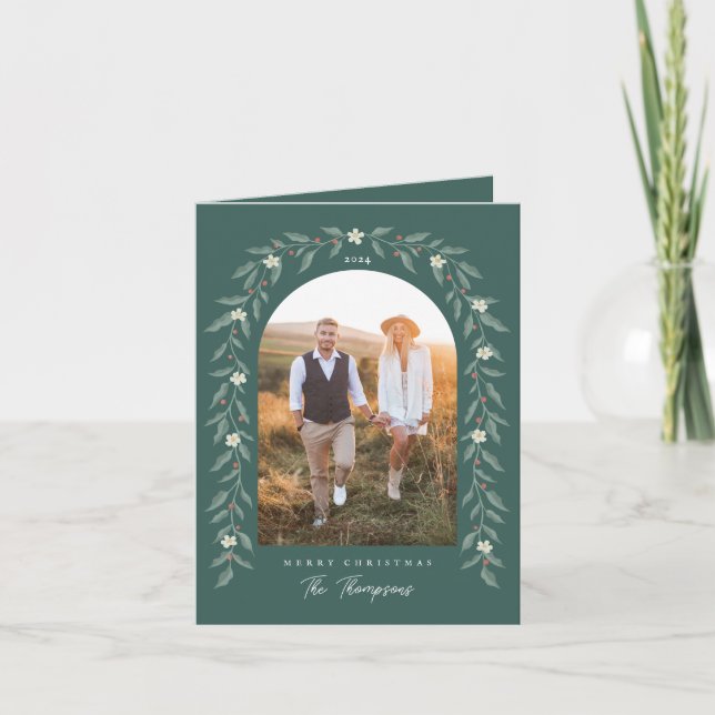 Tarjeta de Navidades verdes con arcos florales de  (Anverso)